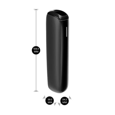 Ploom AURA Jet Black device shown with product dimensions: 10.94cm height x 2.92 cm width and 2.42 cm depth