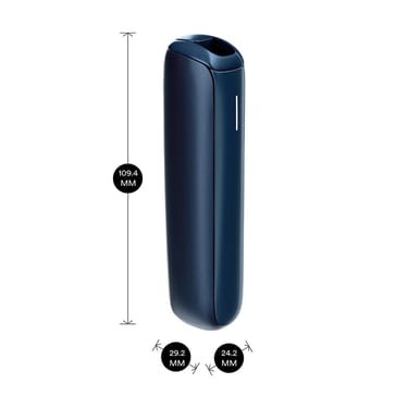 Ploom AURA Navy Blue device shown with product dimensions: 10.94cm height x 2.92 cm width and 2.42 cm depth