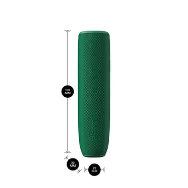 Ploom AURA device with an Amazon Green Back Cover shown with product dimensions: 10.2cm height x 2.2 cm width and 2.2 cm depth