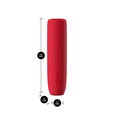 Ploom AURA device with a Lava Red Back Cover shown with product dimensions: 10.2cm height x 2.2 cm width and 2.2 cm depth