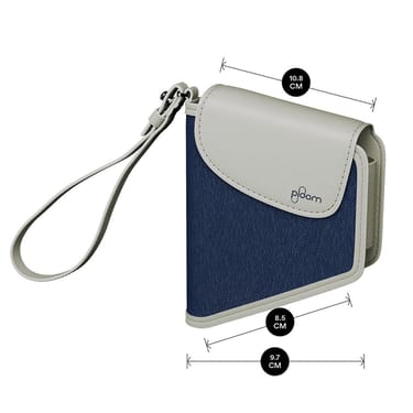 Ploom Denim Leather Fusion Duo Carry Case shown with product dimensions: 10.2cm height x 2.2 cm width and 2.2 cm depth
