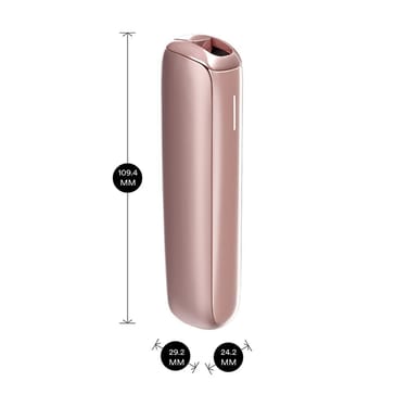 Ploom AURA Rose Gold device shown with product dimensions: 10.94cm height x 2.92 cm width and 2.42 cm depth