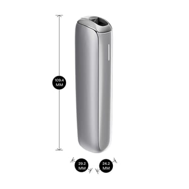 Ploom AURA Lunar Silver device shown with product dimensions: 10.94cm height x 2.92 cm width and 2.42 cm depth