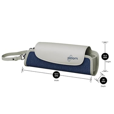 Ploom Denim Leather Fusion Solo Carry Case shown with product dimensions: 32.5 cm height x 12.75 cm width and 2.8 cm depth