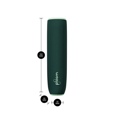Ploom AURA device with an Teal Electric Pop Back Cover shown with product dimensions: 10.2cm height x 2.2 cm width and 2.2 cm depth