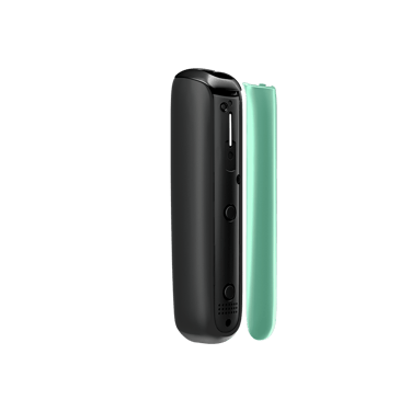 Pannello frontale Teal Electric Pop Ploom Aura vista laterale, separato dal dispositivo.