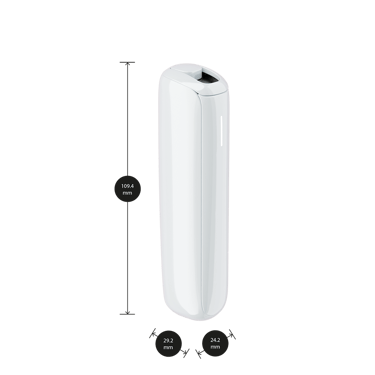 Ploom AURA Glacier White device shown with product dimensions: 10.94cm height x 2.92 cm width and 2.42 cm depth