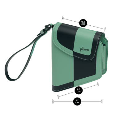 Ploom Teal Electric Pop Duo Carry Case shown with product dimensions: 10.2cm height x 2.2 cm width and 2.2 cm depth