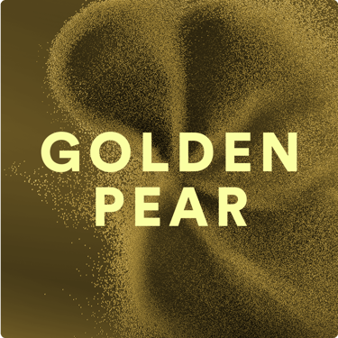 Visual astratto Golden Pear con particelle dorate e lettering centrale.