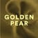 Visual astratto Golden Pear con particelle dorate e lettering centrale.