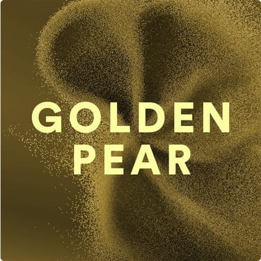 Visual astratto Golden Pear con particelle dorate e lettering centrale.