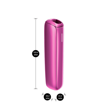 Ploom AURA Fuchsia Flair device shown with product dimensions: 10.94cm height x 2.92 cm width and 2.42 cm depth