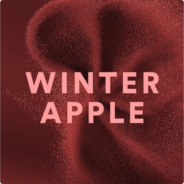 Visual astratto Winter Apple con particelle rosse e lettering centrale.