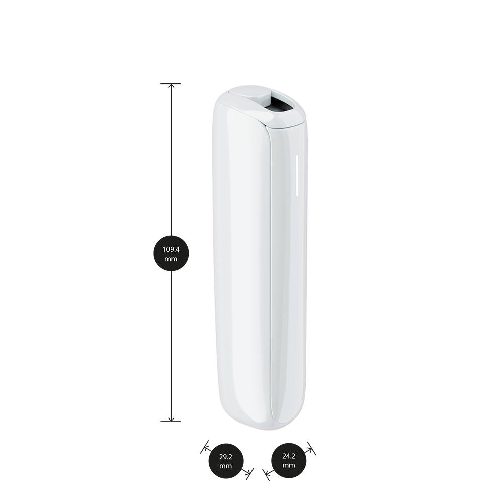 Ploom AURA Glacier White device shown with product dimensions: 10.94cm height x 2.92 cm width and 2.42 cm depth
