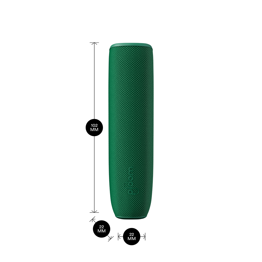 Ploom AURA device with an Amazon Green Back Cover shown with product dimensions: 10.2cm height x 2.2 cm width and 2.2 cm depth