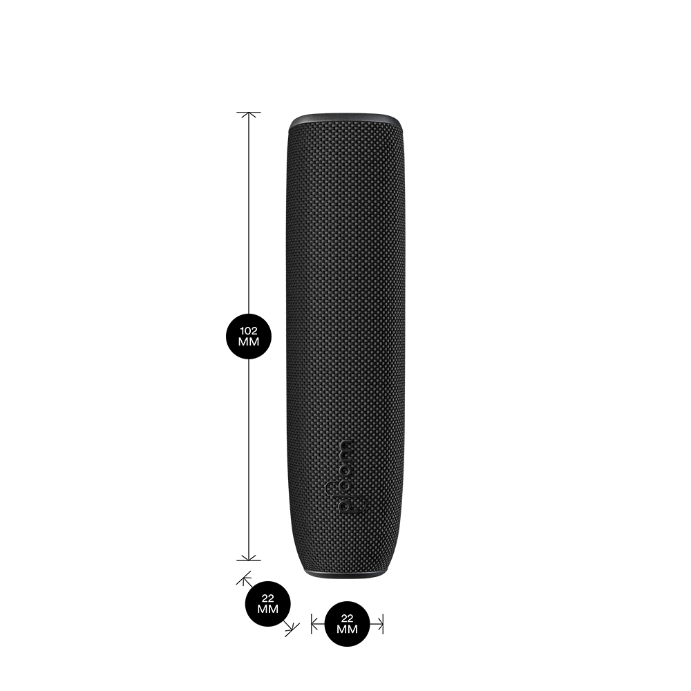 Ploom AURA device with a Jet Black Back Cover shown with product dimensions: 10.2cm height x 2.2 cm width and 2.2 cm depth