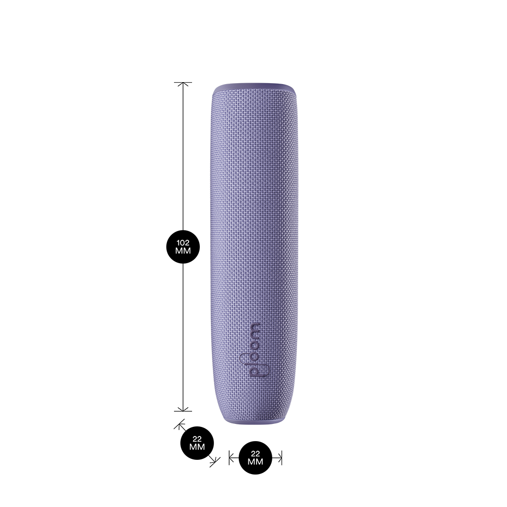 Ploom AURA device with a Lavender Back Cover shown with product dimensions: 10.2cm height x 2.2 cm width and 2.2 cm depth