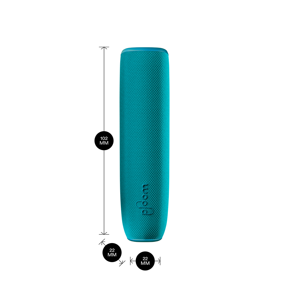 Ploom AURA device with an Ocean Blue Back Cover shown with product dimensions: 10.2cm height x 2.2 cm width and 2.2 cm depth