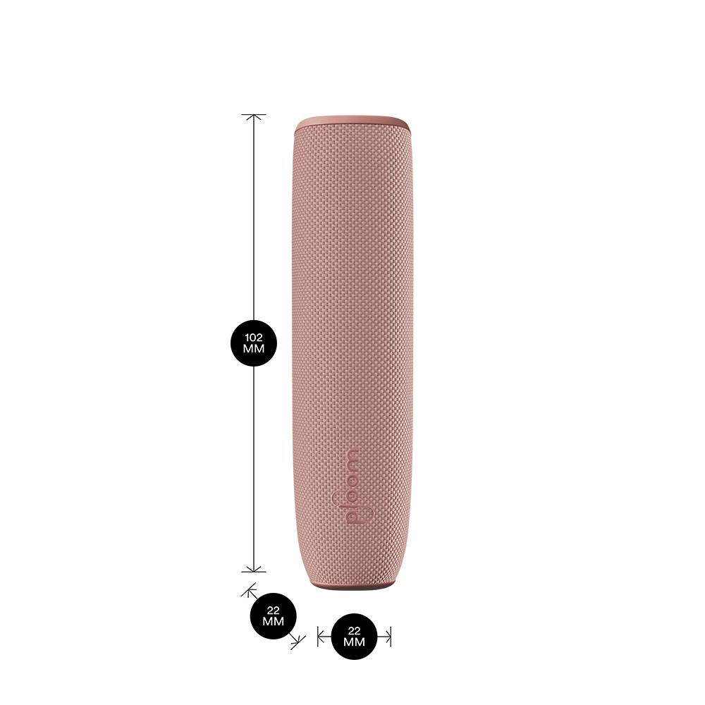 Ploom AURA device with a Rose Gold Back Cover shown with product dimensions: 10.2cm height x 2.2 cm width and 2.2 cm depth