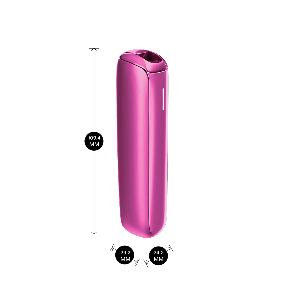 Ploom AURA Fuchsia Flair device shown with product dimensions: 10.94cm height x 2.92 cm width and 2.42 cm depth