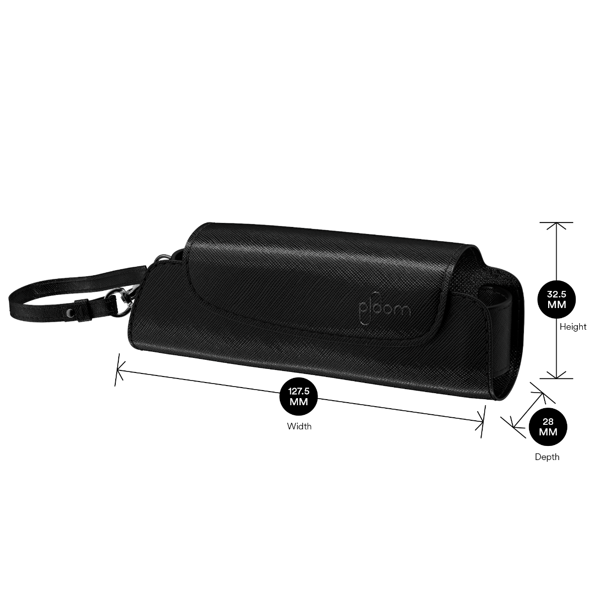 Ploom Jet Black Solor Carry Case shown with product dimensions: 32.5 cm height x 12.75 cm width and 2.8 cm depth